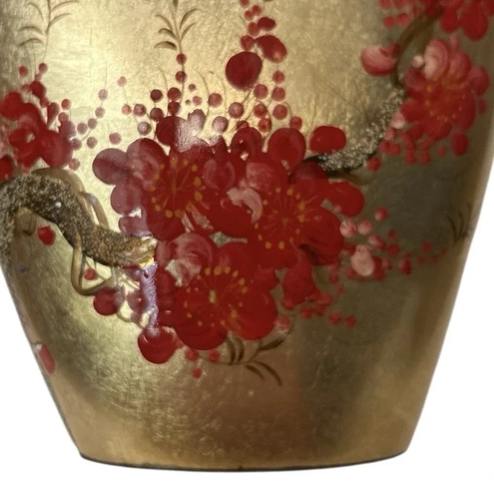 Gold Lacquerware Asian Decor Vase Hand Painted Red Cherry Blossom 12